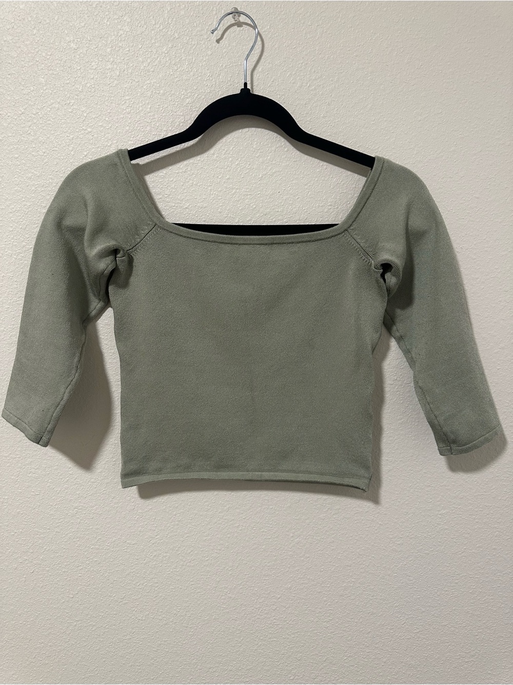 Guess Vintage Cropped Off The Shoulder  Olive Sage Square Neck Knit Top